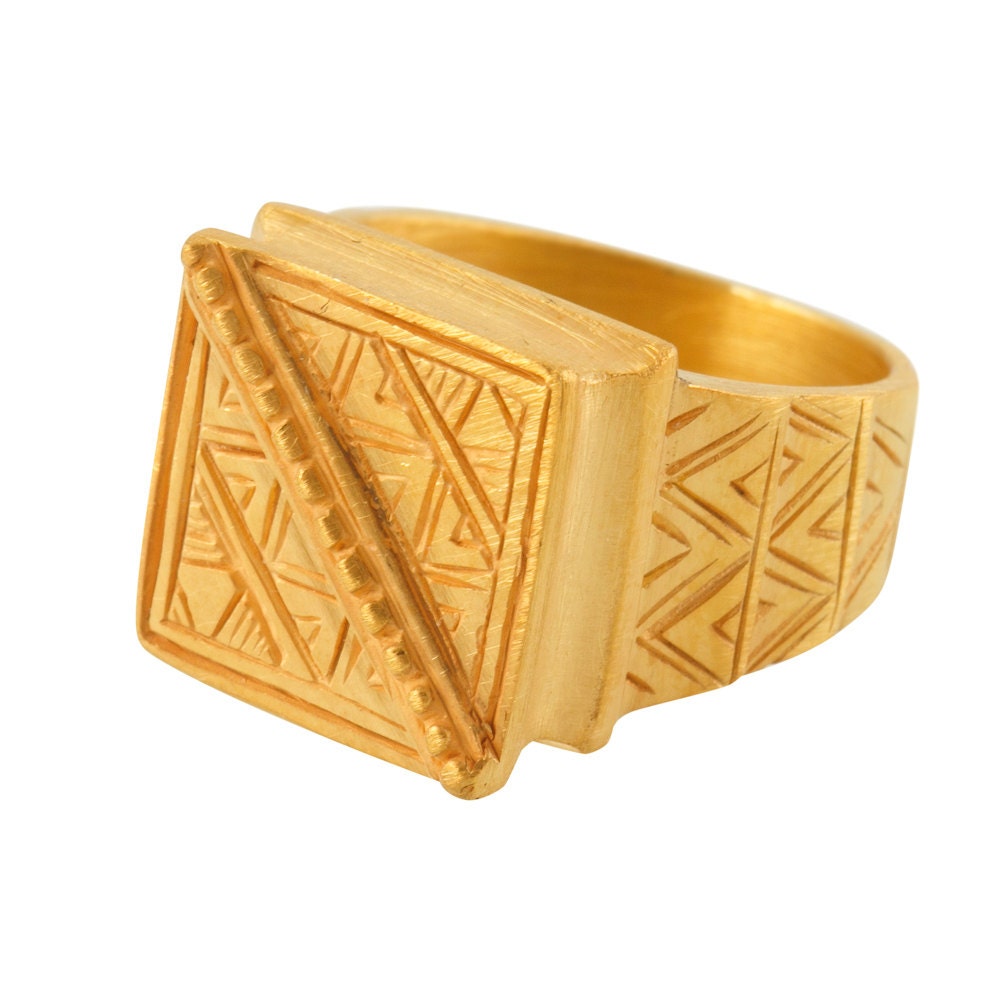 African gold square ring, carved gold square ring, tribal gold square ring